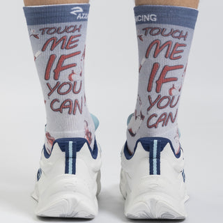 AZZA AirFlow Crew Socks Touch Me If You Can Blue & Red — side view detail — Azza Sports