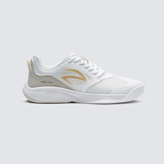 AZZA Master white and gold fencing shoe, side profile