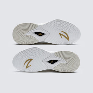AZZA Master white/gold fencing shoe, three-quarter view